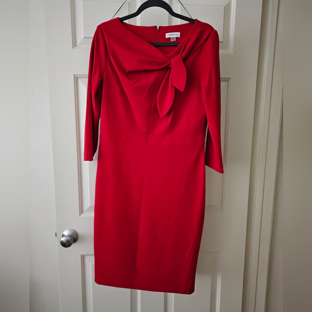 Red Calvin cocktail dress 3/4 length sleeves
